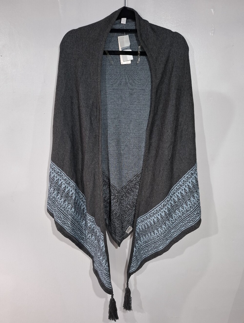 Charter Club Dark Gray Shawl with Light Blue Trim Sz OS NWT Tassel Boho